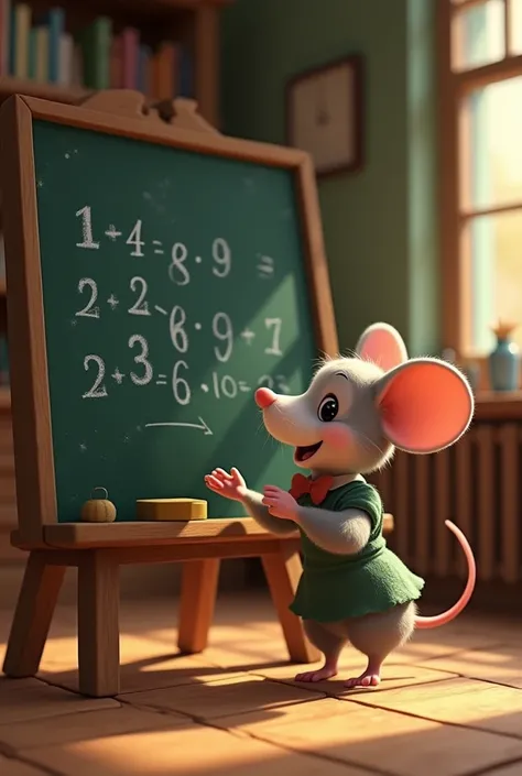 Animated little mouse playing adding on the blackboard 