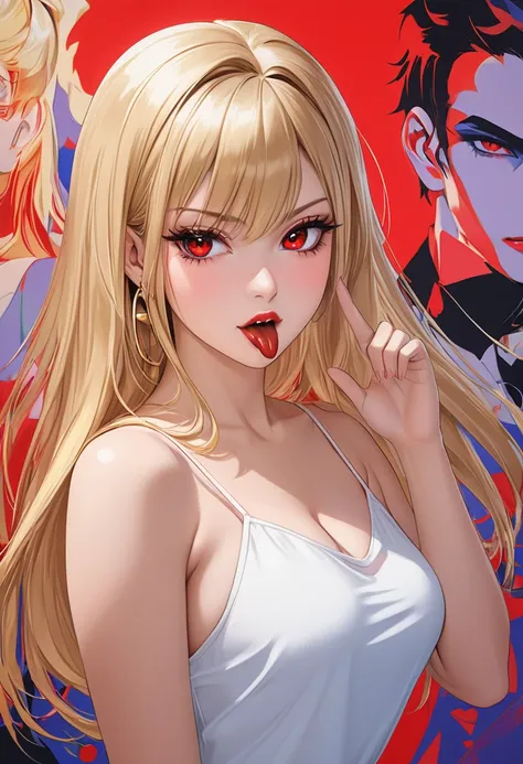 cute vampire Shinobu Oshino, akanbe, eyelid pull, tongue out, finger to eye, hand up, :p, index finger raised, blonde long thick bushy eyelashes, blonde shining glossy silky straight hair, vivid and seductive expression, captivating large red eyes, wearing...