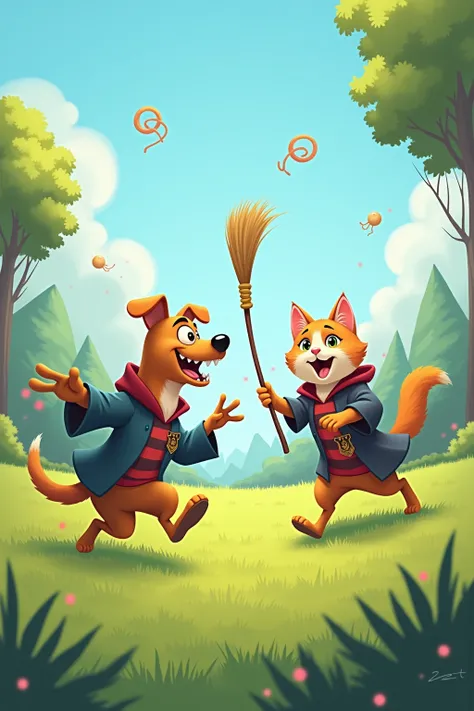 Perro y gato jugando al quidditch