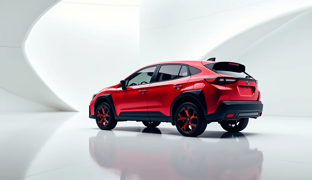 A captivating image of a ( 2025 Subaru Crosstrek  ) taking center stage in a luxurious white showroom. The futuristic, vibrant ( red)exterior gleams, showcasing its sleek, aerodynamic design and bold accents. The side view highlights the cutting-edge innov...