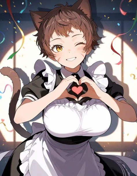 (Masterpiece, high quality, shaders, shadows, cinematic light, detailed, anime) solo, woman, catgirl, short hair, messy pixie hair cut, pointy cat ears, face marks, brown hair, brown facemarks, yellow eyes, large ayes, elegant eyes, big hips, round boobs, ...