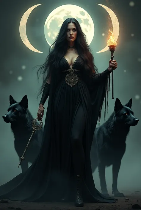   hekate with triple moon symbol in the background, black dogs big guardians  
, torch, key , maze,  abundant smooth black hair  
