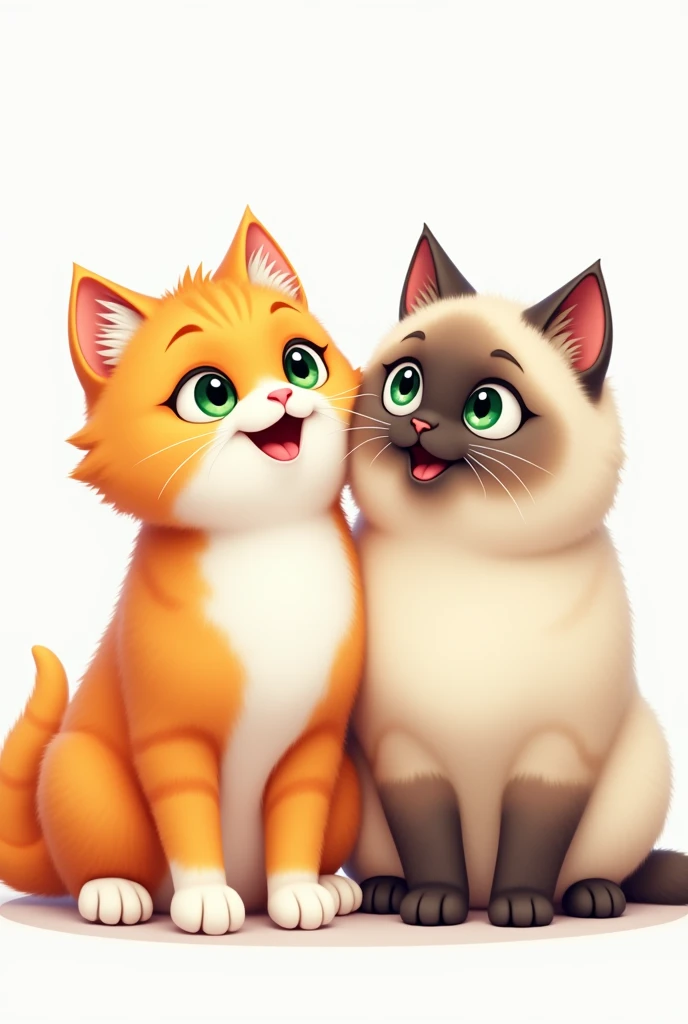 a cute and lively orange cat with white breasts and green eyes next to a Siamez cat with a plump-faced face on a white or bottomless background