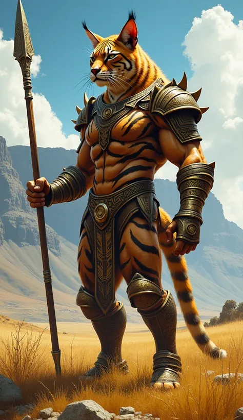 A giant cat warrior wearing zebra-striped armor with tribal designs, holding a spear, standing on the savannah with Table Mountain in the distance.