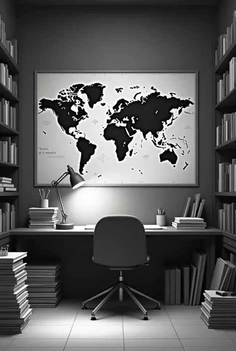  Black and white interior with desk, lamp, books, maps and world map 