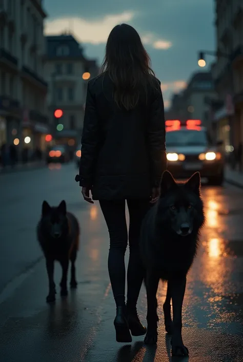  I want where two girls come out ,  a tall black movie girl is reflected in the sky and behind her this other girl but slumpy and chubby with nice blond hair.  In the background there must be some police cars and a black wolf , It may be dark in the backgr...