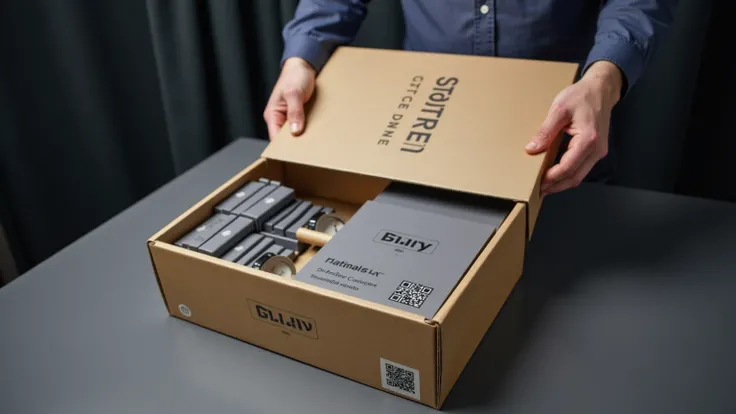 A professional display of an unboxing experience, showing a custom product box being opened to reveal neatly arranged items inside. The box features brand elements like logos and QR codes, placed in a stylish studio setting with modern lighting to highligh...