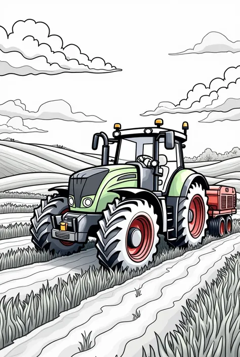 A coloring book page with a Fendt and a cultivator in the field 