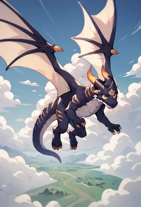 score_9, score_8_up, score_7_up, score_6_up,dragon,(anthro:1.1), tail, wings, [[nude]], [[4 fingers, yellow eyes, claws,flying,dragon wings,sky,cloud,village on grounds,solo