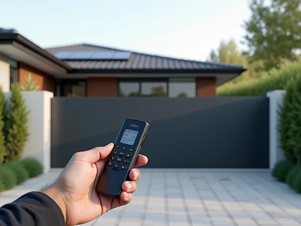 someone is holding a remote control in front of a gate, zaun, gate, residential, modern, solar, vertical orientation, large gate, modern setting, extremely high quality, detailed with high quality, hyperrealistic, powerful detail, crisp smooth clean lines,...