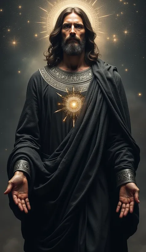 Jesus Christ looking straight ahead through the stopped camera lens, Pointing forward, He wears a black or gray tunic with silver details and effects of stars or galaxies, symbolizing eternity .
