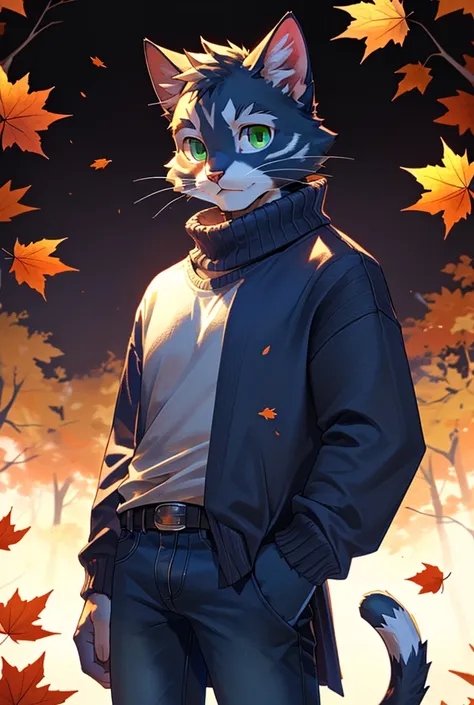  (1 male Cat ), (170 ), (Skinny Male Physique), ( green eyes), ( Beautiful coat color ), ( Wearing a t-shirt,  jeans and sweater ), ( cute and cool in appearance ), ( stands in a cute pose with a two-handed sword,  holds a windy ball above his hand ), ( Ag...