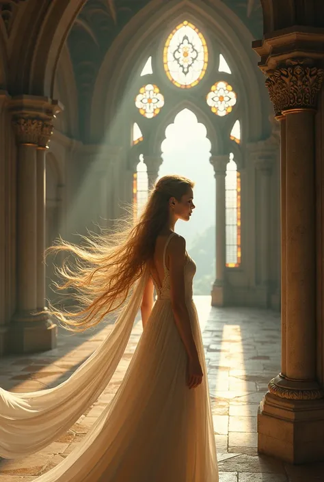 A girl with long hair in a medieval castle 