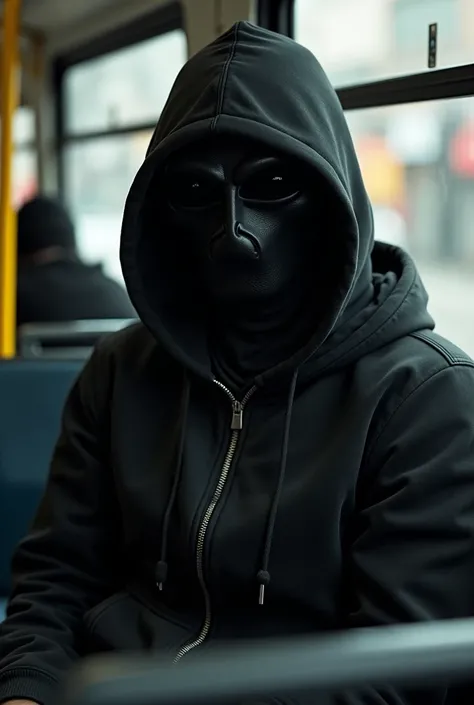 araffe wearing a black hat and a black jacket is sitting on a bus, a picture inspired by Jorge Jacinto, reddit, realism, wearing jeans and a black hoodie, wearing a dark hood, dark visor covering face, wearing a black hoodie, wearing all black mempo mask, ...