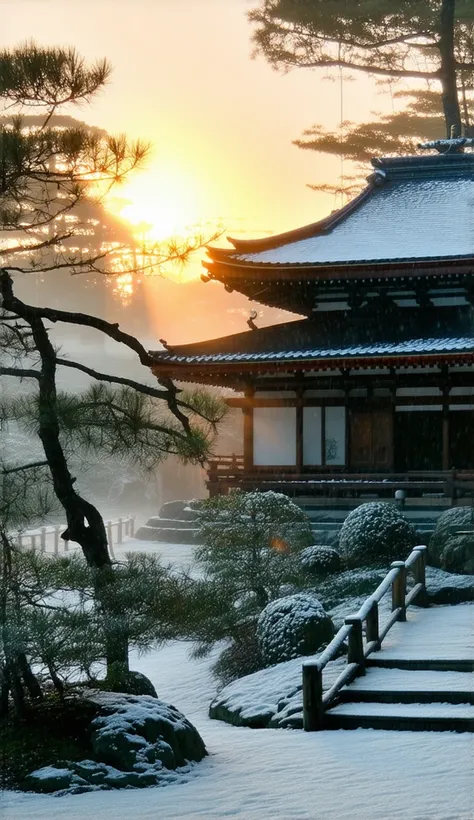 "A serene Japanese New Year sunrise over a traditional tea house surrounded by a snowy garden. The tea house is decorated with New Year symbols like kagami mochi and pine branches, and the light filters through the mist, creating a mystical atmosphere. 8K,...