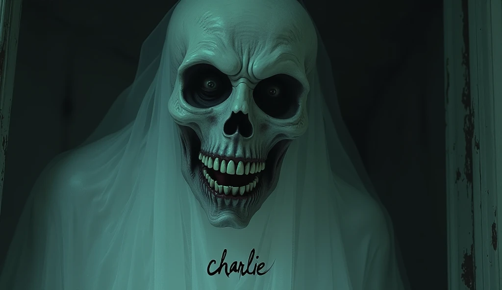 Ghost Charlie Charlie with big teeth and also write "Charlie" in horrible words 