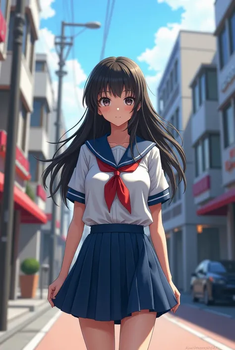 japanese, schoolgirl, 36c breasts, uniform, walking, street, long hair #realistic