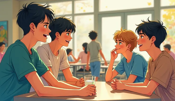 A group of teenage boys sitting in the cafeteria talking and laughing, 1 beautiful teenage girl walks by, 1 teenage boy with black hair, green eyes is watching from the side, watercolor illustration