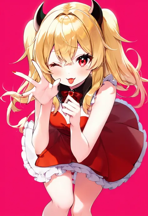 cute vampire Shinobu Oshino, akanbe, eyelid pull, tongue out, finger to eye, hand up, :p, index finger raised, blonde long thick bushy eyelashes, blonde shining glossy silky straight hair, vivid and seductive expression, captivating large red eyes, wearing...