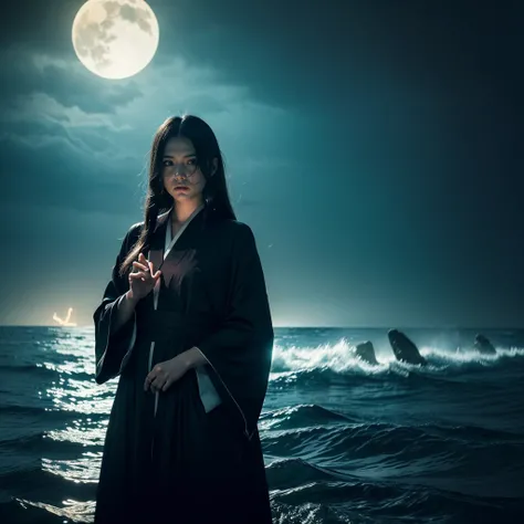 ④  
"Create a depiction of a Japanese ghost reimagined as a supernatural and enigmatic figure, exuding an aura of mystery and dread against the backdrop of a dark, moonlit sea. Her appearance is *ethereal and otherworldly*, with pale, almost translucent sk...