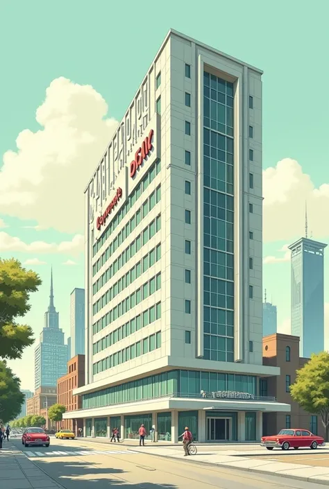 50s style illustration of a corporate building.