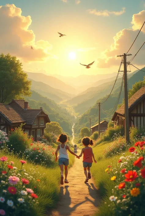 A village where the sun rises. Flowers are blooming, birds are singing. ren are playing on the ground, and the clouds are drifting away in the sky."