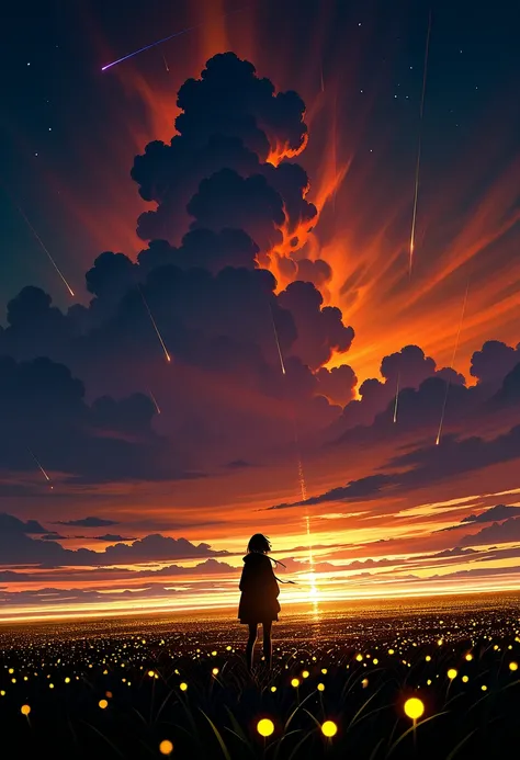 Expansive landscape photography, sky and streets below, cyberpunk girl standing in a field of flowers looking up, shooting stars, foggy, cities in the distance, crushed trees, warm light sources, neon, bulbs, purple and orange, dense detail, volume lightin...