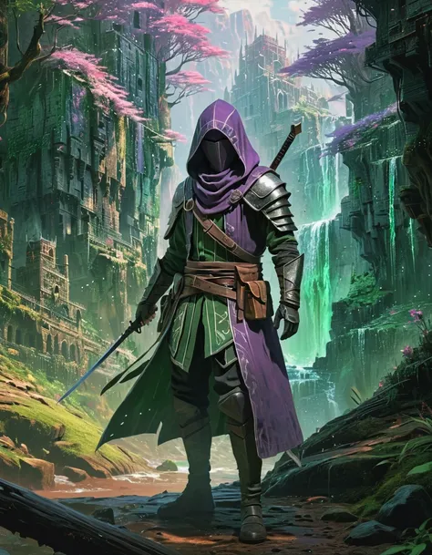 A sentient stealthy rogue presented as part of an Isekai Fantasy portrayed amidst a Datastream Disruption, surrounded by cascading code and digital noise. Use glitchy lavender and forest green tones to highlight the chaotic interference in the digital real...