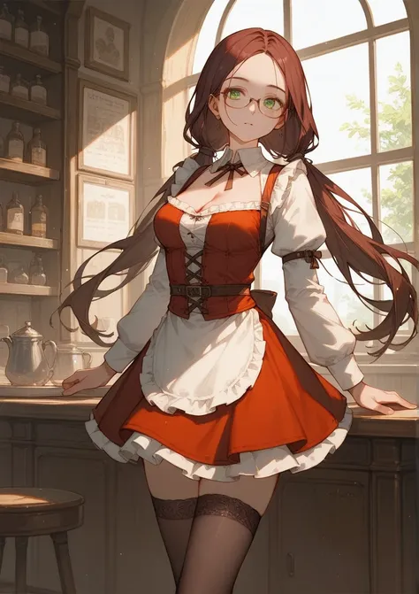 score_9, score_8_up, score_7_up, (solo), dark burgundy hair, green eyes, oval glasses, long hair, forehead, waitress, medieval setting, (two long low hair tails), medium breasts, ((expensive clothes)), mini skirt, black stockings, cleavage, ((anime art))
