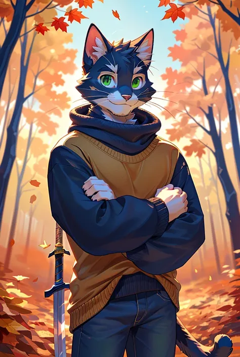  (1 male Cat ), (170 ), (Skinny Male Physique), ( green eyes), ( Beautiful coat color ), ( Wearing a t-shirt,  jeans and sweater ), ( cute and cool in appearance ), ( stands in a cute pose with a two-handed sword,  holds a windy ball above his hand ), ( Ag...