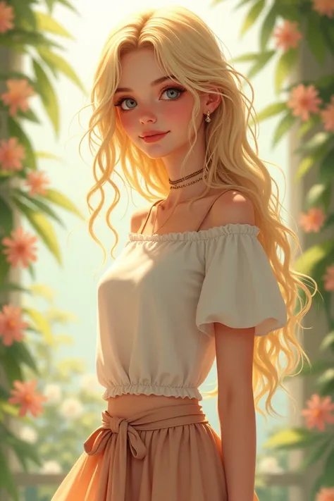 A  blonde girl in a skirt