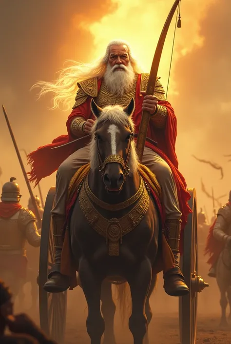 
"Bhishma Pitamaha from the Mahabharata, portrayed as an elderly warrior of unparalleled strength and wisdom. Depict him in full traditional armor, holding a massive golden bow, seated on a grand chariot amidst the battlefield of Kurukshetra. His white bea...