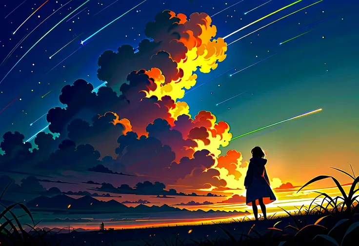 Expansive landscape photography, sky and streets below, cyberpunk girl standing in a field of flowers looking up, shooting stars, foggy, cities in the distance, crushed trees, warm light sources, neon, bulbs, purple and orange, dense detail, volume lightin...