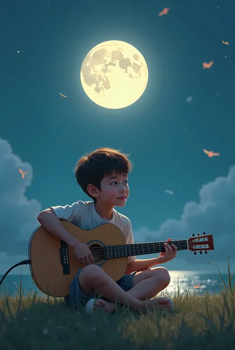 Create an image of a boy playing guitar in evening full moon in back side and blue sky