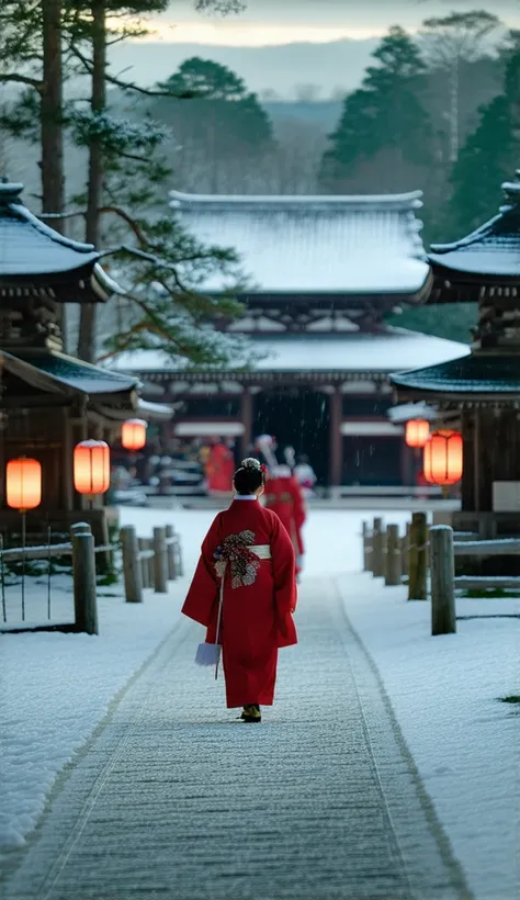 "A family dressed in traditional Japanese New Year attire, walking towards a snowy Shinto shrine at dawn. The path is lined with glowing lanterns and kadomatsu decorations, with a mystical sunrise illuminating the scene. 8K resolution, highly detailed."