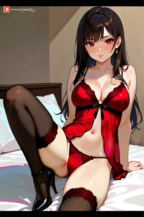 (masterpiece, best quality), 1girl, hentai, provocative pose, red lingerie, sheer nightgown, seductive expression, bed, dimly lit room, bared midriff, high heels, rosy lips, glossy makeup, long hair with wavey curls, exposed thigh, black stockings, suspend...