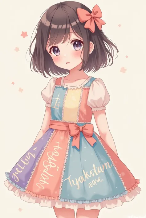  highest image quality taken by Ki、Ultra delicate、 pastel color、 super cute girl 、Cute eyes、 illustration、anime、、、 no background 、Shy、 Premium Ground、 patchwork dress、 word、 word