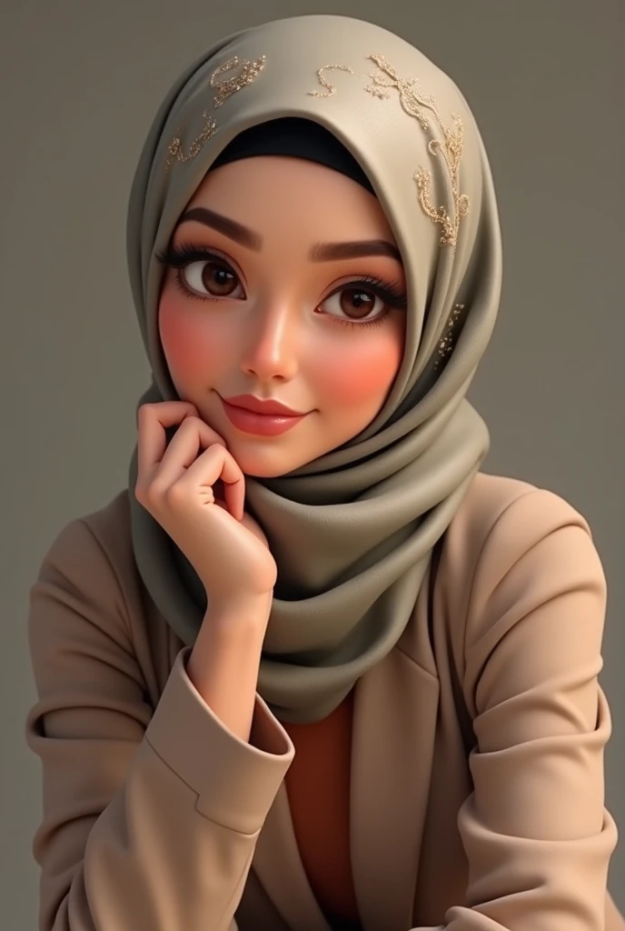 HD animated picture of a beautiful woman in hijab with stylish clothes again holding her chin while smiling at the camera