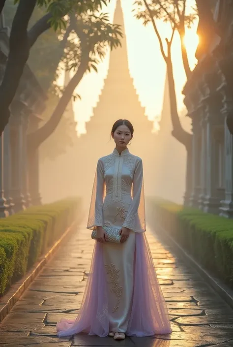 thai Boromphiman Dress,detail dress,detail skirt
A young woman in a Thai Boromphiman dress featuring a soft ivory satin blouse with detailed lacework and a high collar. Her pastel lavender and gold silk skirt flows gracefully, adorned with shimmering tradi...