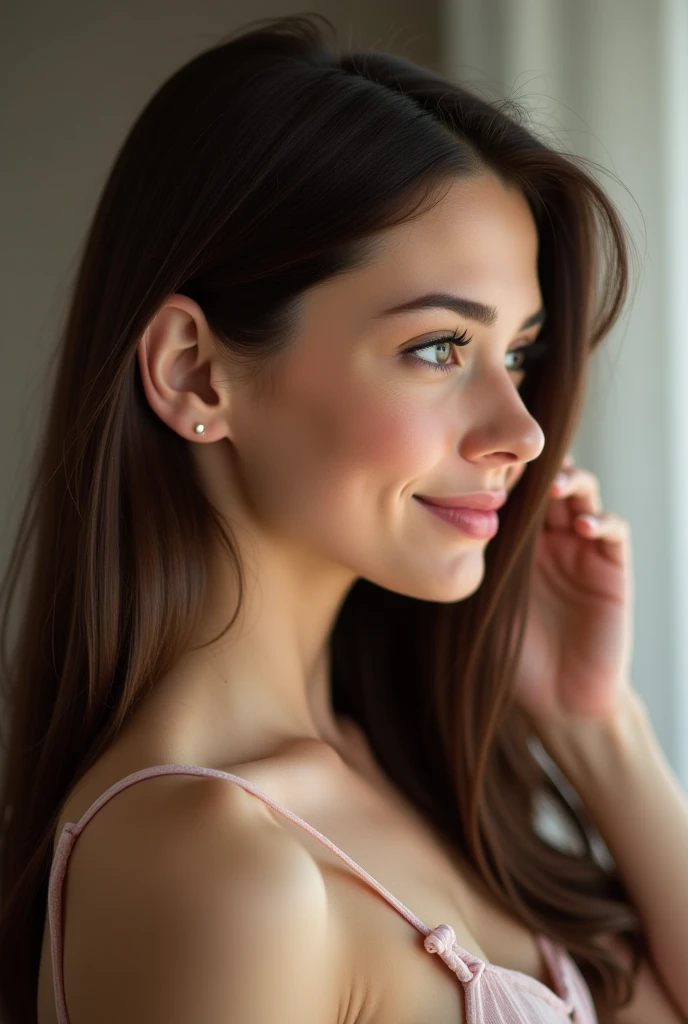 a woman in profile,  brunette with straight hair ,  with her hand dragging her hair behind an ear,  with beautiful honey-colored eyes , an embarrassed smile , with a thin nose ,  and with a face of happiness and love  