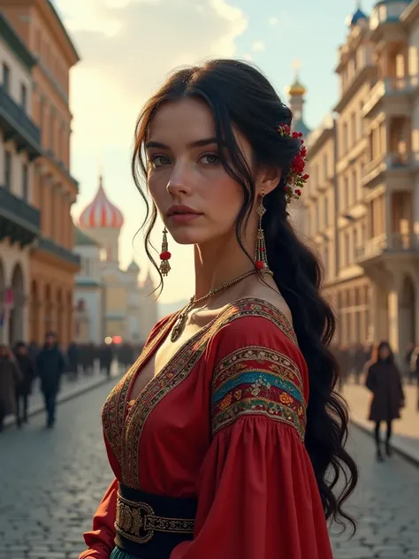 A Beautiful Russia girl around 20 years old wearing her culture clothes and standing in the city