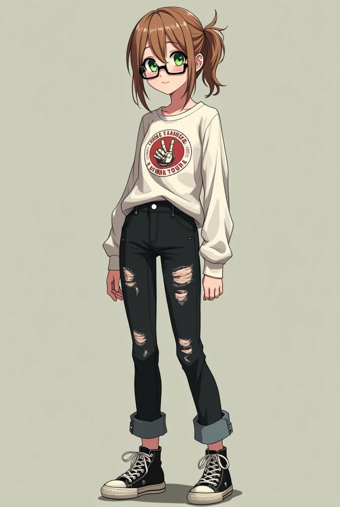  A light brown-haired girl ,  green eyes and white skin .  She has a pair of glasses on her face and wears ripped black jeans ,  a white long-sleeved t-shirt with a punk logo and a black all-star high-top sneaker.  Her hair is partially tied and messy and ...