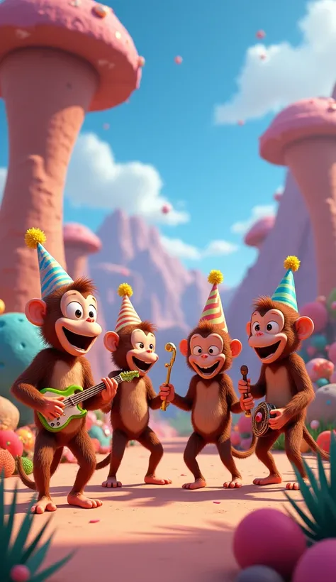 4 Monkey doing party in other planet 3d pixar cartoon 