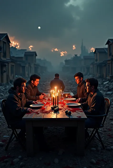  Create realistic image of a New Years table with people seated . On the table bombs and blood .  The table is in a war zone you can see destroyed houses and smoke and fireworks in the sky