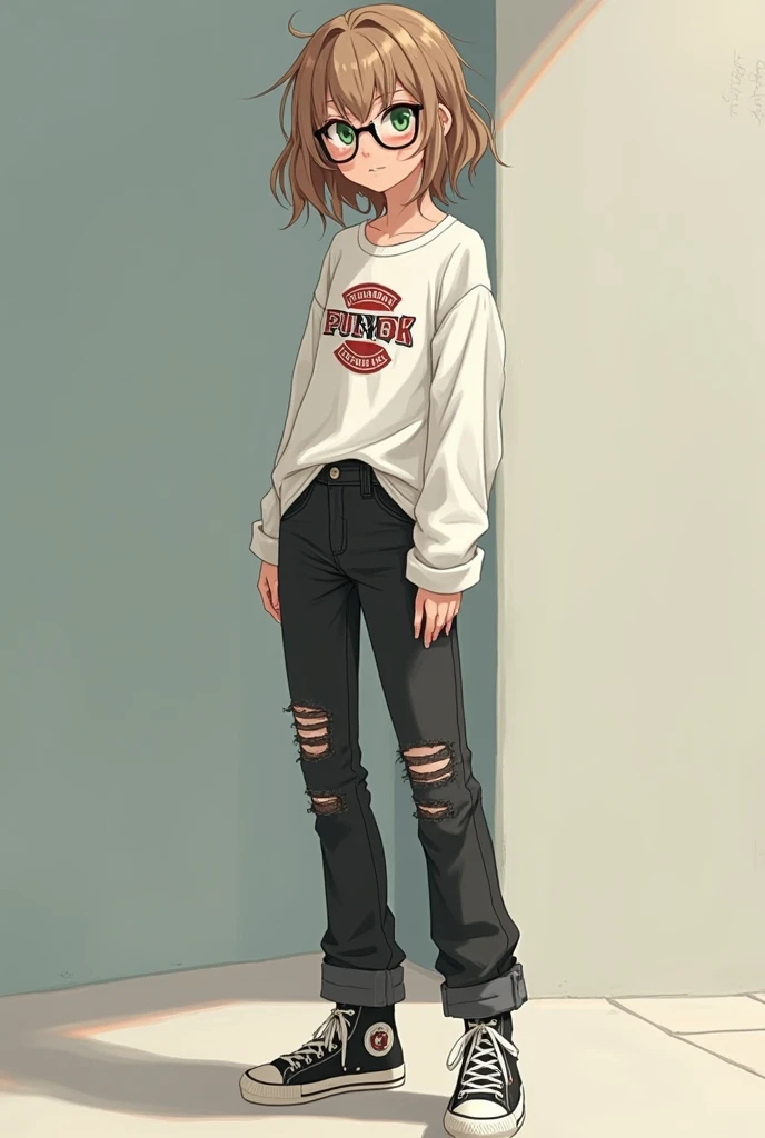  A light brown-haired girl ,  green eyes and white skin .  She has a pair of glasses on her face and wears ripped black jeans ,  a white long-sleeved t-shirt with a punk logo and a black all-star high-top sneaker.  Her hair is partially tied and messy and ...