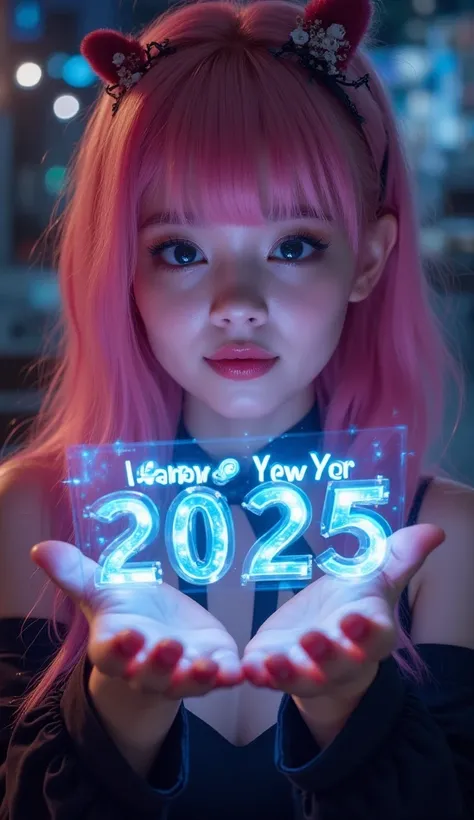  A futuristic 3D hologram of a shiny logo on the palm of a person,The logo says  "Happy New Year 2025.", vibrant colors , High-tech atmosphere ,detailed hands, sci-fi aesthetic ,(happy,smile), soft lighting ., The scene is realistic and beautiful , highlig...