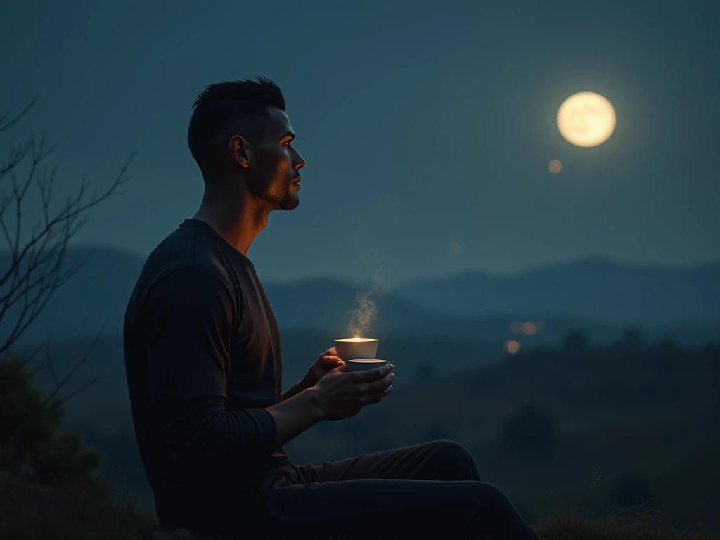 One moonlit night Cristiano Ronaldo with a cup of coffee looking beyond.