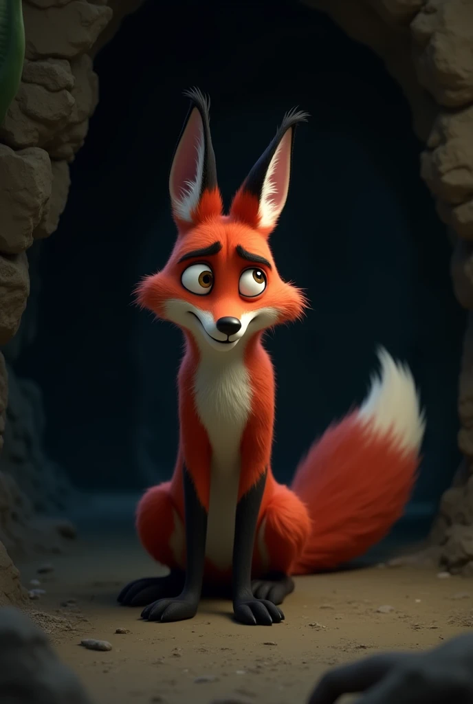 Safe in the Cave
The character fox now inside the cave, catching his breath. His exaggerated expression is one of relief and exhaustion. The background is dark, but the caves entrance is visible with the zombies unable to enter. The characters pose is rela...