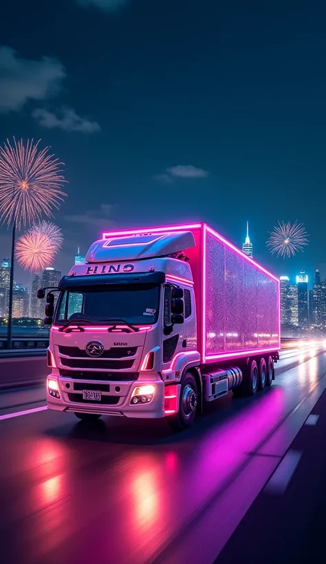 A hino truck drives down the highway at night. The truck is filled with shining neon lights and has a large sound system on the back. The silhouette of the city is visible in the distance, with tall buildings and fireworks celebrating the new year.