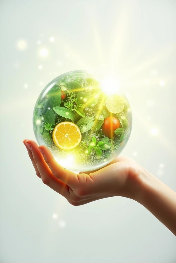 A detailed, photorealistic image of a right hand open and holding glowing sphere, semi-transparent sphere filled with intricate patterns of green leaves, water ripples, fresh fruits, and light DNA strands, symbolizing vitality and wellness. Soft rays of li...